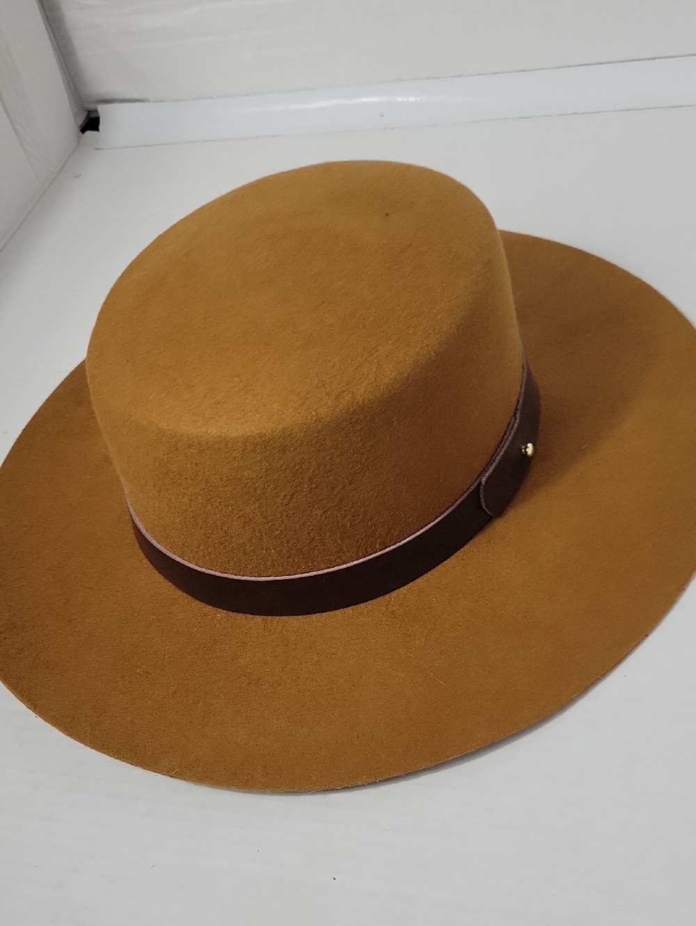 GIGI PIP Mustard Felt Wide-Brim Hat with Black Sweatband 100% Australian Wool